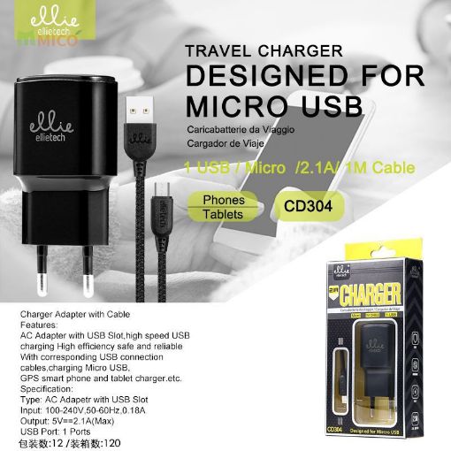 Immagine di CD304 Nero caricabatterie da viaggio con cavo microusb v8 1usb 2.1a